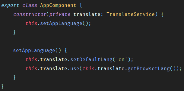 código AppComponent - TranslateService