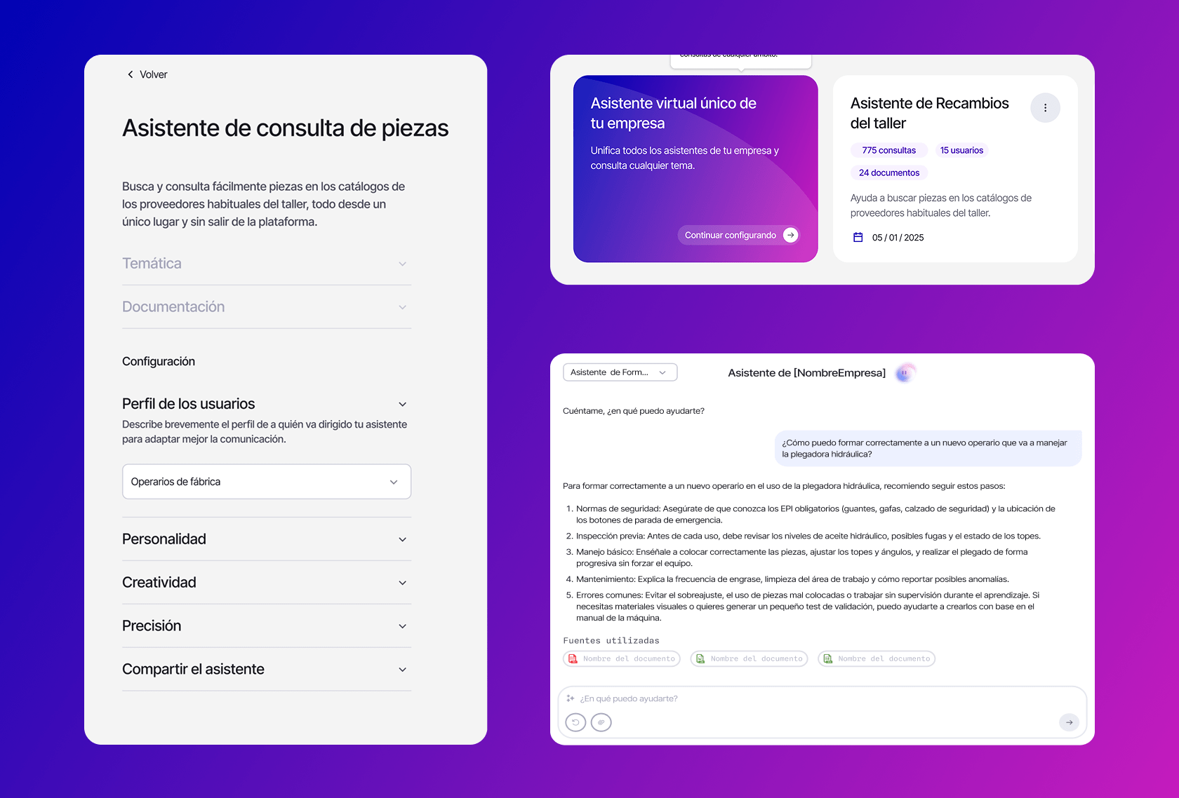 Asistente virtual (1) Interfaz de asistente virtual para consulta de piezas y soporte técnico, con opciones de configuración y chat integrado para empresas.