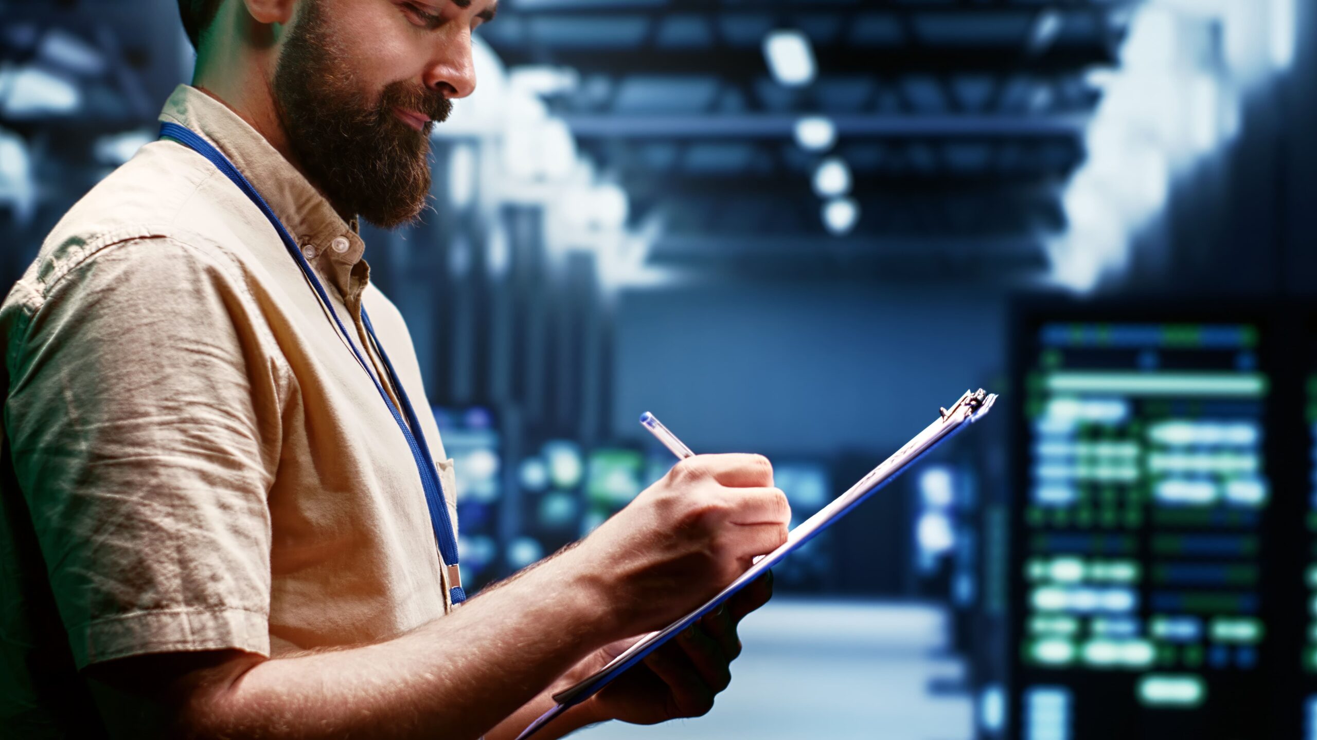 Hombre tomando notas en un centro de datos.